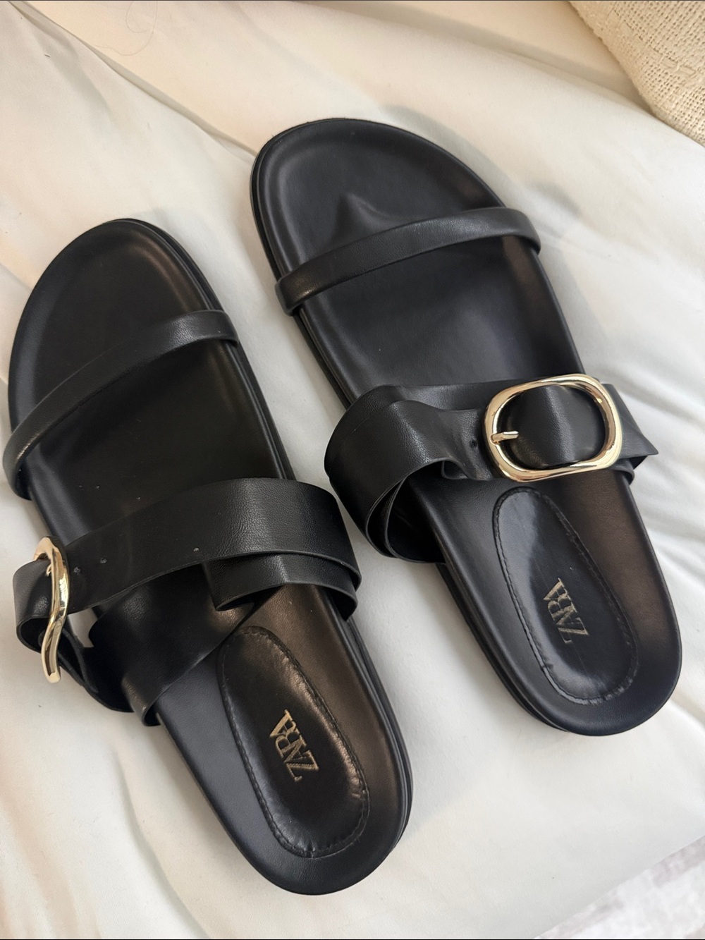 Zara Black Leather Slide Sandals with Gold Buckles